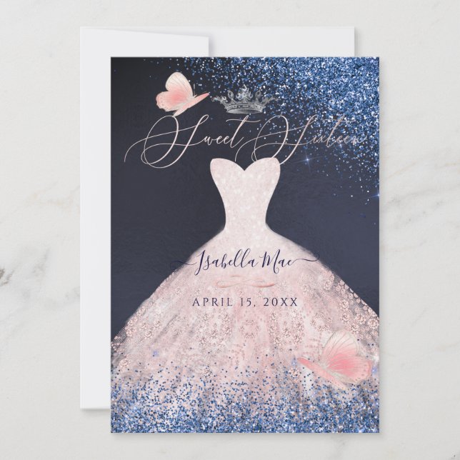 Sweet sixteen Butterfly  Glitter Gown-flottan Inbjudningar (Framsida)