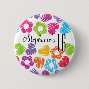 Sweet sixteen Button, Cute-vibranta blommor hjärta Knapp