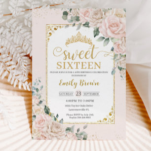 Sweet sixteen Champagne Ivory Blommigten Guld Inbjudningar