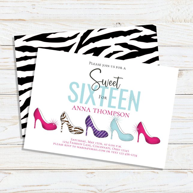 Sweet sixteen Chic Färg Födelsedagsfest Inbjudningar (Sweet 16 custom invitation with colorful high heeled shoes)