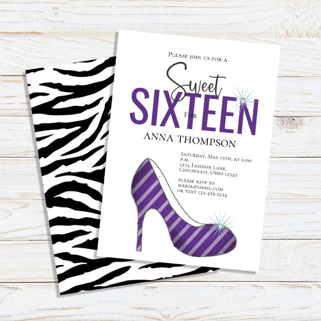 Sweet sixteen Chic Girl Födelsedagsfest Inbjudningar (Sweet 16 custom invitations with purple-colored high-heeled shoes. )