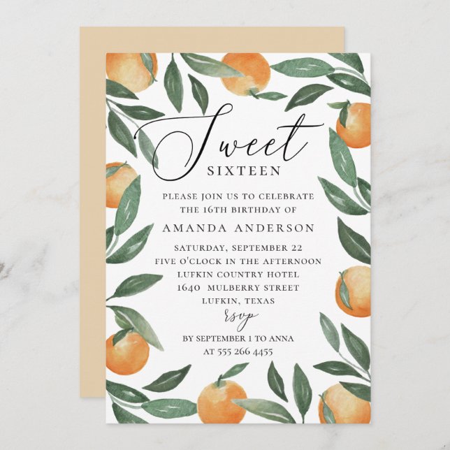Sweet sixteen | Citrus Orange & Greenery Birthday Inbjudningar (Fram/baksida)