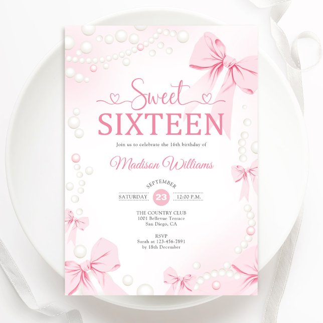 Sweet sixteen Coquette Rosa Bows Pearls Inbjudningar (Skapare uppladdad)