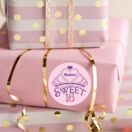 Sweet sixteen Cute Tiara Rosa Födelsedagsfest Runt Klistermärke