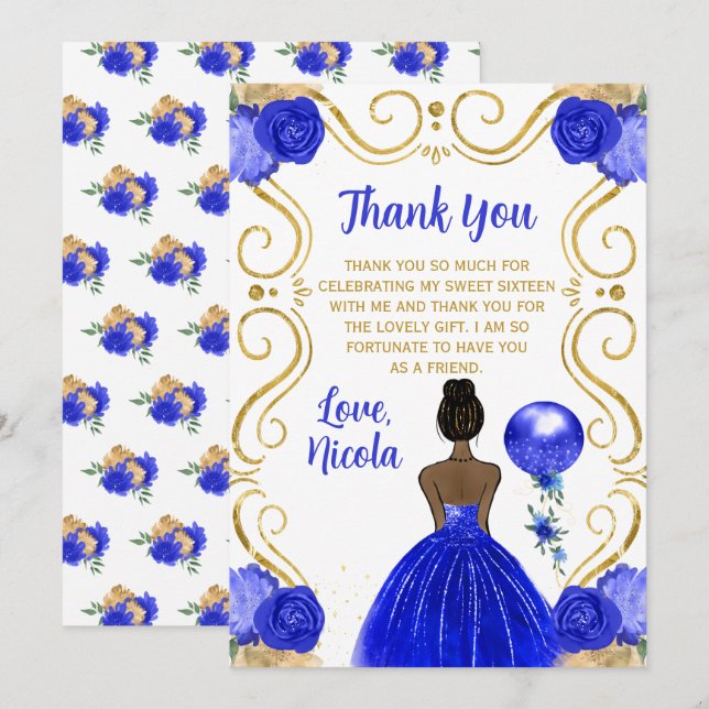 Sweet Sixteen Dark Skin Princess in Royal Blue  Tack Kort (Fram/baksida)
