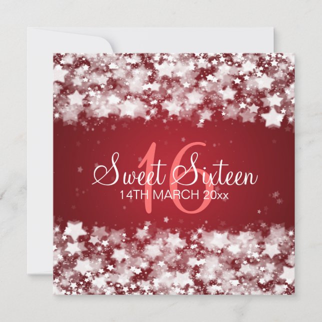 Sweet sixteen Dazzling Stars Red Inbjudningar (Framsida)