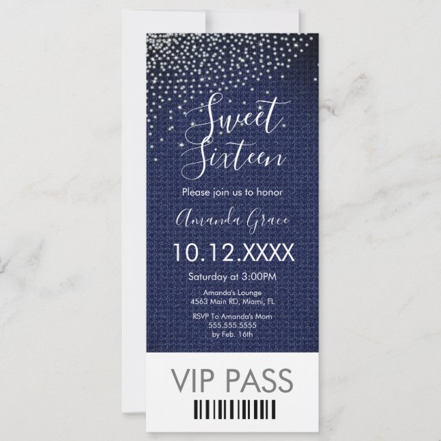 Sweet sixteen Denim Diamonds Gem Biljett Inbjudningar (Framsida)