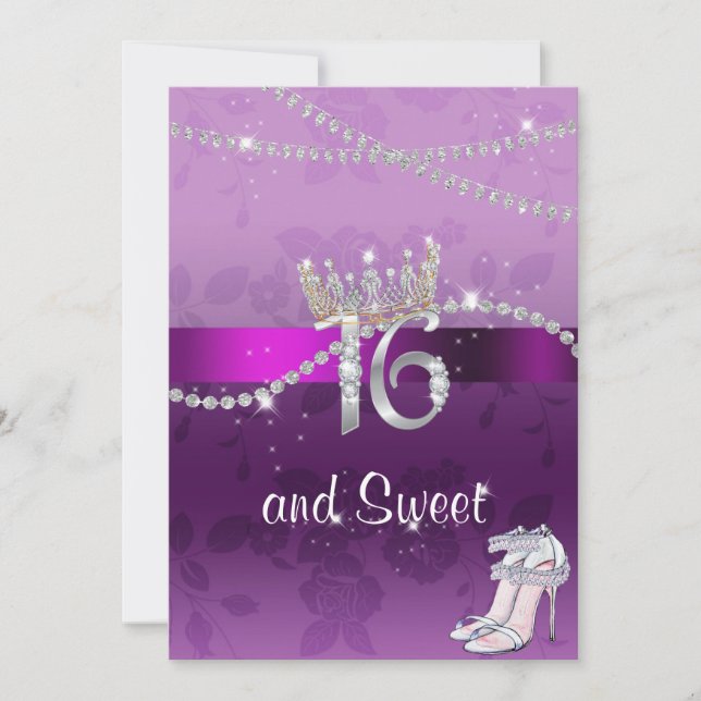 Sweet sixteen Diamonds Krona Högklackars Lila Inbjudningar (Framsida)