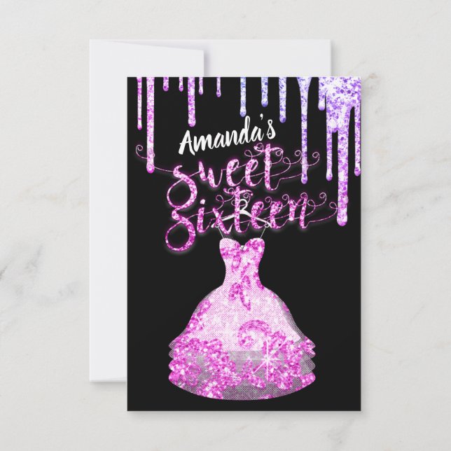 Sweet sixteen Dress Glitter Drift Rosa Royal Black Inbjudningar (Baksida)