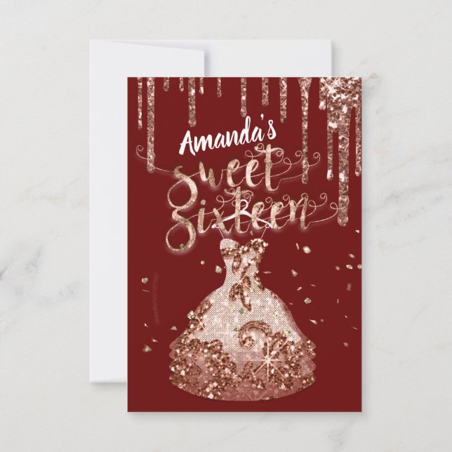Sweet sixteen Dress Glitter Drip Burgundy Inbjudningar (Baksida)