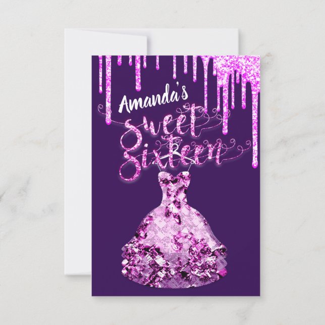 Sweet sixteen Dress Glitter Drip Rosa Drift Plum Inbjudningar (Baksida)