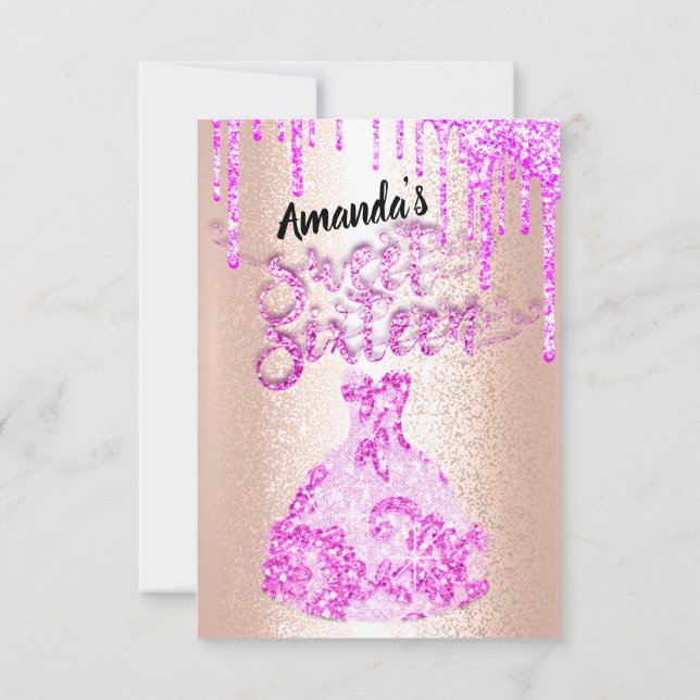 Sweet sixteen Dress Glitter Drip Rosa Drift Ro Inbjudningar (Baksida)