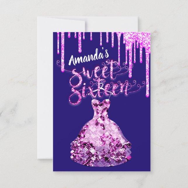 Sweet sixteen Dress Glitter Drip Rosa Drip Blue Inbjudningar (Baksida)