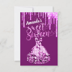Sweet sixteen Dress Glitter Drip Rosa Drips Berry Inbjudningar