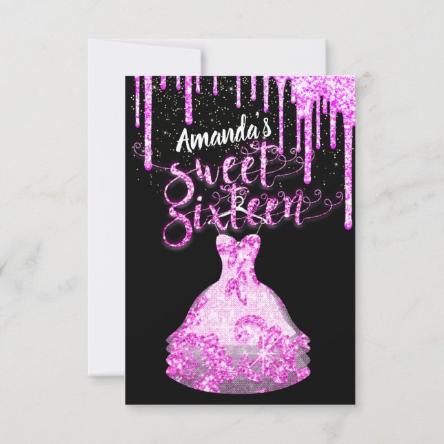 Sweet sixteen Dress Glitter Drip Rosa Drips Black Inbjudningar (Baksida)