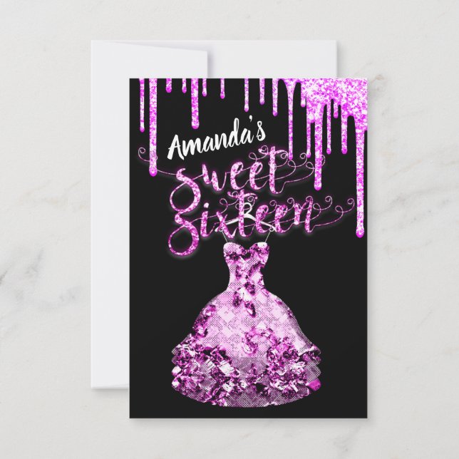 Sweet sixteen Dress Glitter Drip Rosa Drips Black Inbjudningar (Baksida)