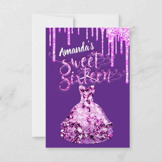 Sweet sixteen Dress Glitter Drip Rosa Drips Lila Inbjudningar (Baksida)