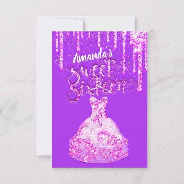 Sweet sixteen Dress Glitter Drip Rosa Drips Lila Inbjudningar (Baksida)