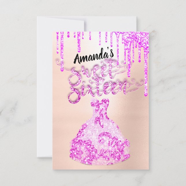 Sweet sixteen Dress Glitter Drip Rosa Drips Powder Inbjudningar (Baksida)
