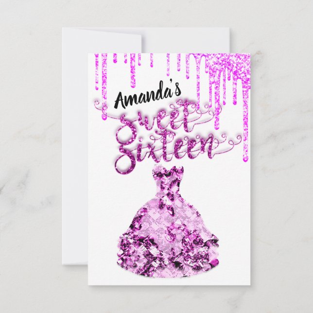 Sweet sixteen Dress Glitter Drip Rosa Drips White Inbjudningar (Baksida)