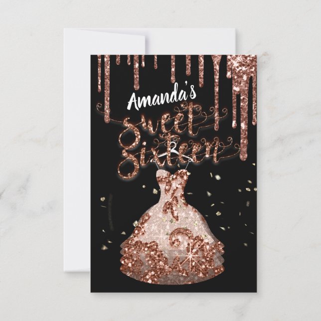 Sweet sixteen Dress Glitter, svart, vit, Ro Inbjudningar (Baksida)