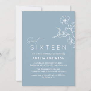 Sweet sixteen Dusty Blue Airy Blommigt 16:e födels Inbjudningar