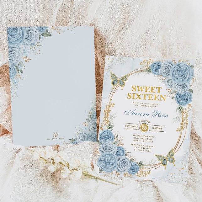 Sweet sixteen Dusty Blue Guld Ro Inbjudningar (Skapare uppladdad)