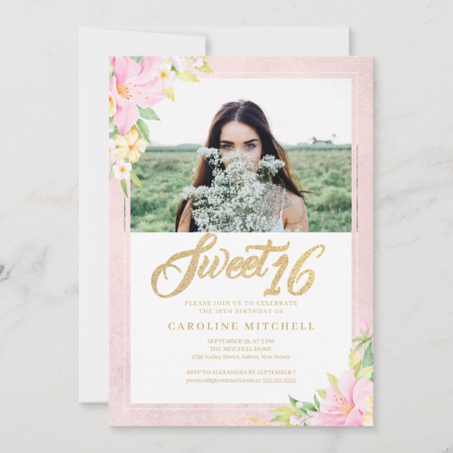 Sweet sixteen Elegant Blommigt  Rosa Foto Inbjudningar (Framsida)