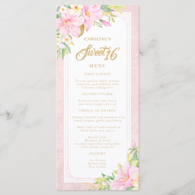 Sweet sixteen Elegant Blommigt Vattenfärg  Rosa Meny (Framsida)