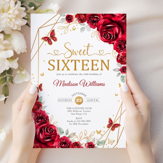 Sweet sixteen Elegant Chic Röd ros Guld Inbjudningar (Skapare uppladdad)