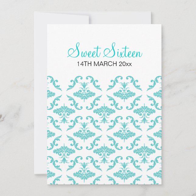 Sweet sixteen Elegant Damask Blue Inbjudningar (Framsida)