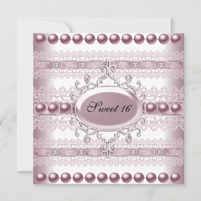Sweet sixteen Elegant Pearl Silver Rosa Snöre Inbjudningar (Framsida)
