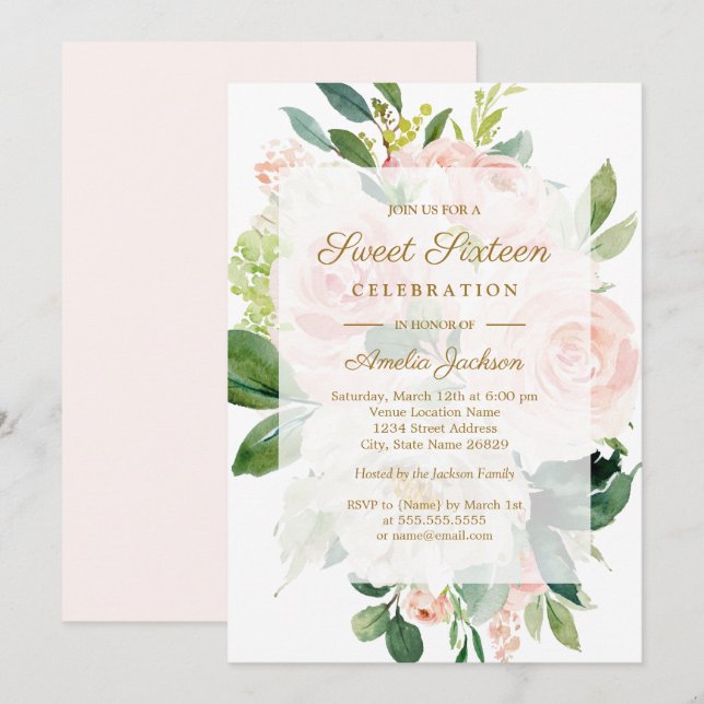 Sweet sixteen elegant Rosa Peach Bloom Inbjudningar (Fram/baksida)