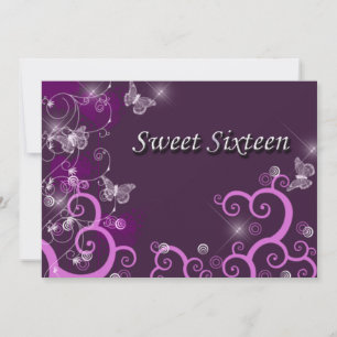 Sweet sixteen Elegant Swirls Butterflies Lila Inbjudningar