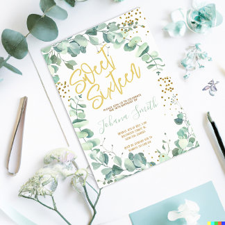 Sweet sixteen Eucalyptus Guld födelsedagsinbjudan Inbjudningar