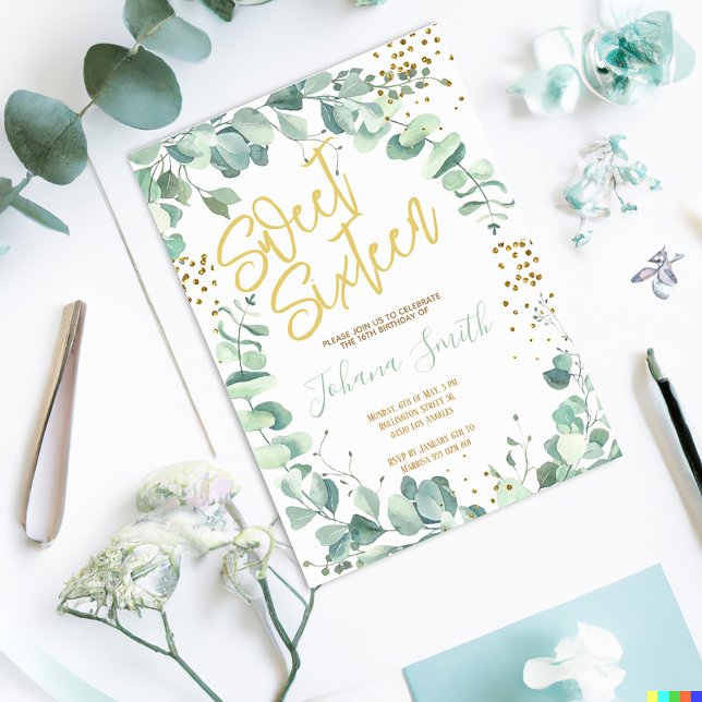 Sweet sixteen Eucalyptus Guld födelsedagsinbjudan Inbjudningar (Skapare uppladdad)