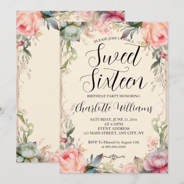 Sweet sixteen Fairytale Blommigt 16:e födelsedagen Inbjudningar (Fram/baksida)
