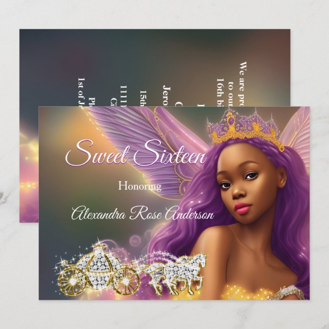 Sweet sixteen Fairytale Lila Rosa Guld Carriage Inbjudningar (Fram/baksida)