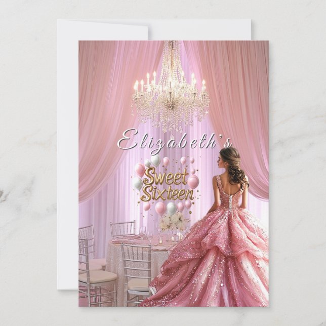 Sweet sixteen Firande Rosa Gown Chandelier Inbjudningar (Framsida)