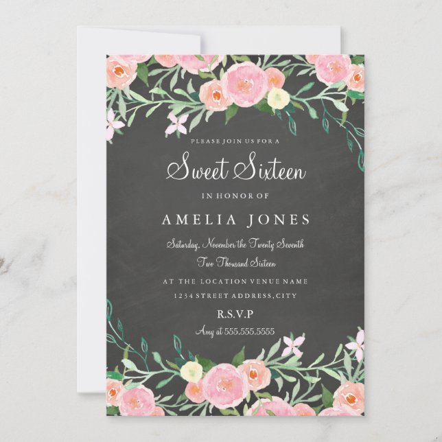 Sweet sixteen Flower Chalkboard Rosa Inbjudan (Framsida)