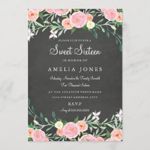 Sweet sixteen Flower Chalkboard Rosa Inbjudan