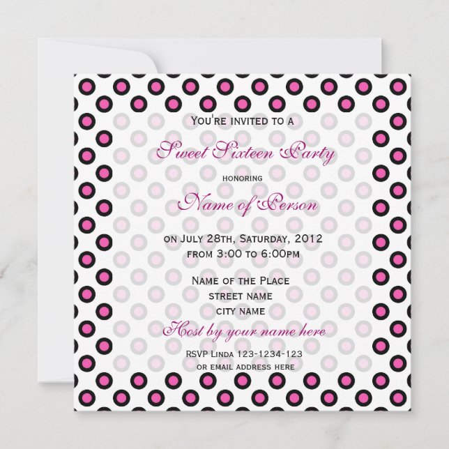 Sweet sixteen födelsedag, rosa polka dots inbjudningar (Framsida)