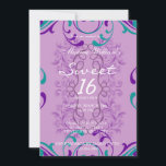 Sweet sixteen Födelsedagsfest inbjudan Damask<br><div class="desc">Det här är ett vackert violett och rosa kurvor på svarta kort,  med dammdesign för sextonårsfirandekort som är avsett med tydlig och vintage samt ett modernt kort.</div>