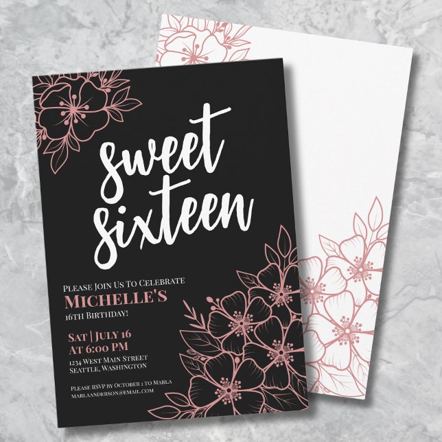 sweet sixteen för 16:e Ro-Blommigten Guld Inbjudningar (16th Rose Gold Floral Sweet Sixteen Birthday Party Invitation)