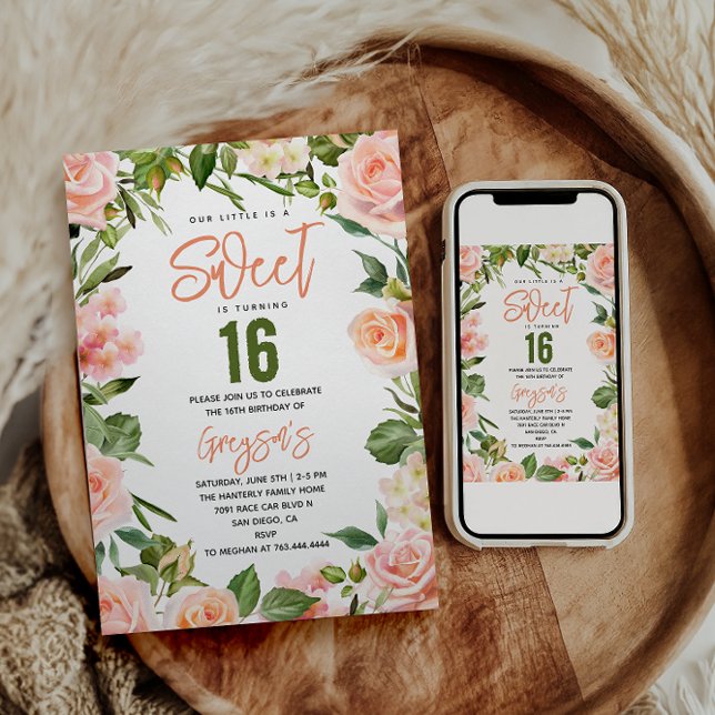 Sweet sixteen för Blommigt av vattenfärg i elegant Inbjudningar (Skapare uppladdad)