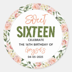 Sweet sixteen för Blommigt av vattenfärg i elegant Runt Klistermärke