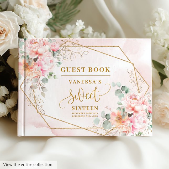 Sweet sixteen för Blommigt Guld vid Rosa Gästböcker (Glamorous Pastel Pink Gold Floral Sweet Sixteen Guest Book)