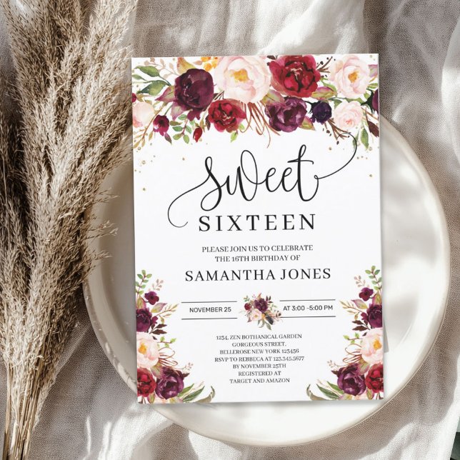 sweet sixteen för  blommigt i trendig Marsala burg Inbjudningar (Trendy marsala burgundy blush floral sweet sixteen invitation)