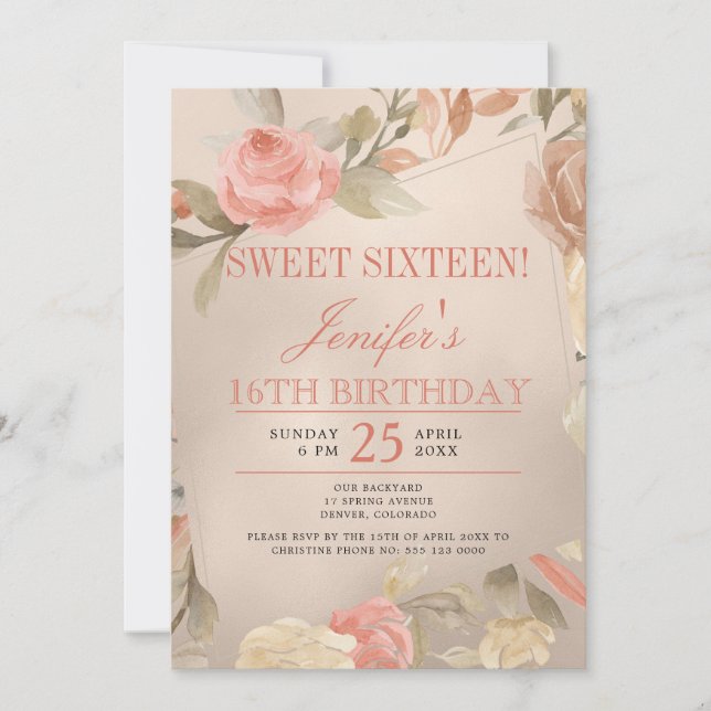 Sweet sixteen för Blommigten för Guld Peach Coral Inbjudningar (Framsida)