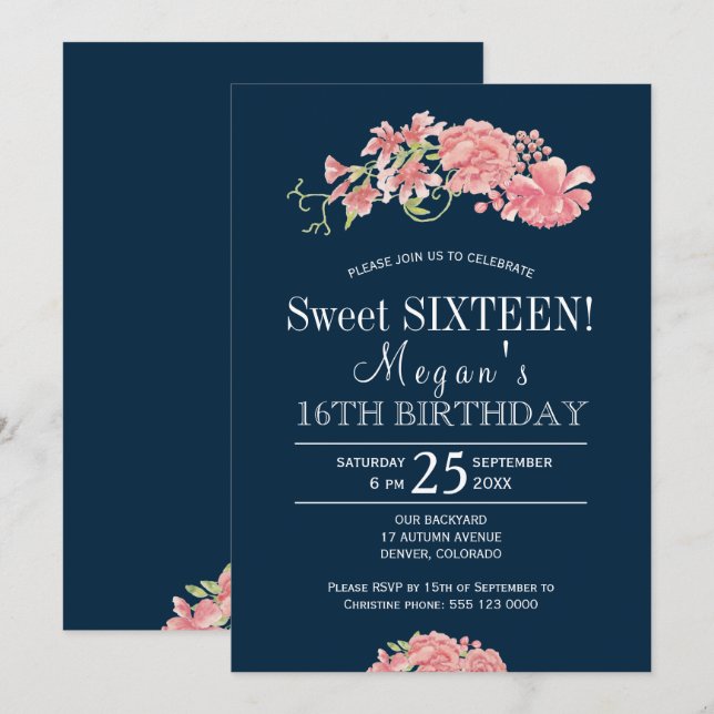 Sweet sixteen för chic av blommigt för marin rosa  inbjudningar (Fram/baksida)